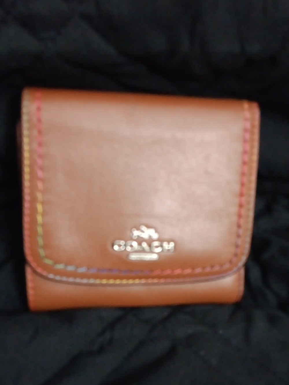 Coach Brown Leather Trifold Wallet with Rainbow Stitch